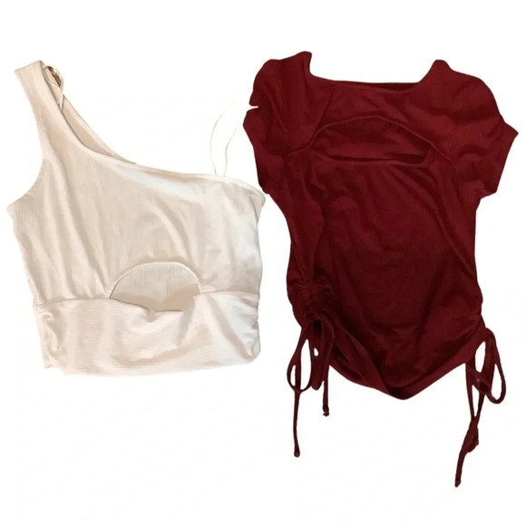Ribbed Crop Tops Size Medium White & Burgundy. Preloved - Picture 1 of 3
